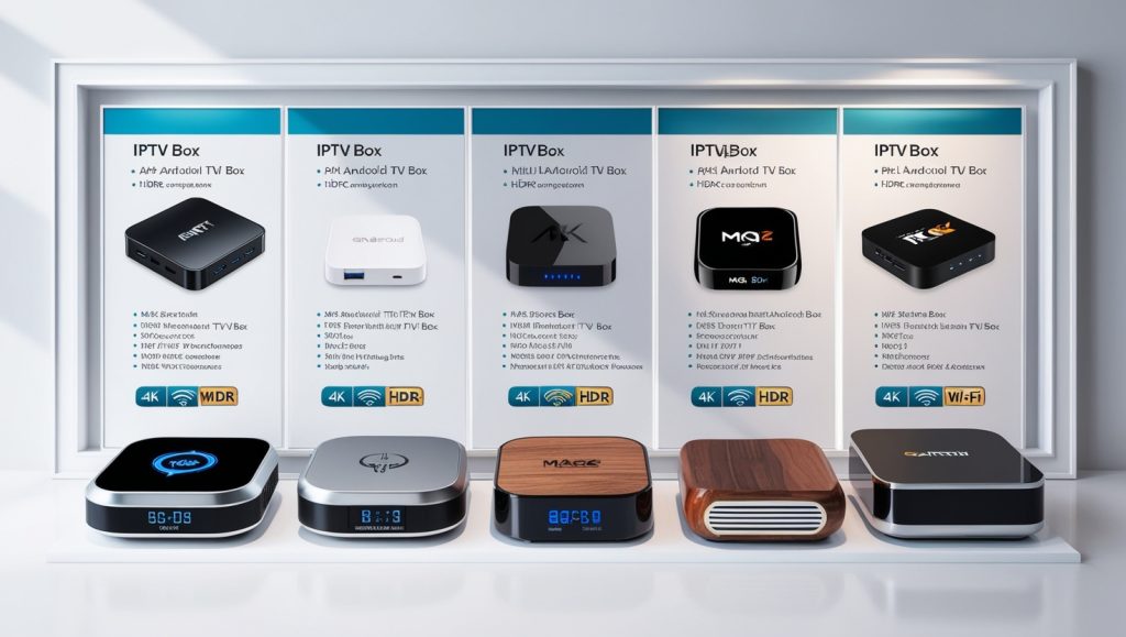 A comparison chart showing different IPTV box models with their key features and price points