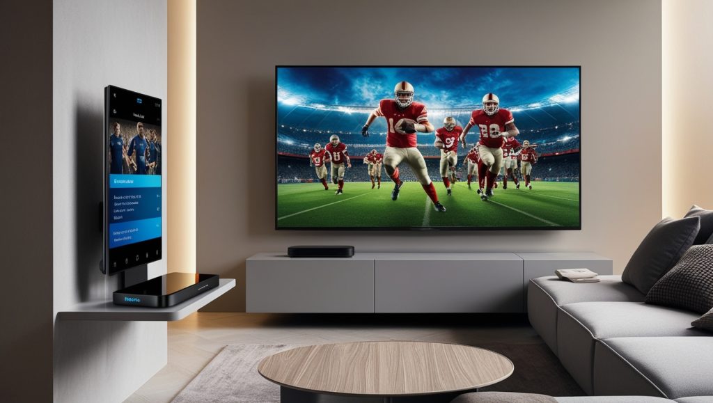 A modern living room setup with an IPTV box connected to a large smart TV, showcasing the sleek integration of technology into home entertainment