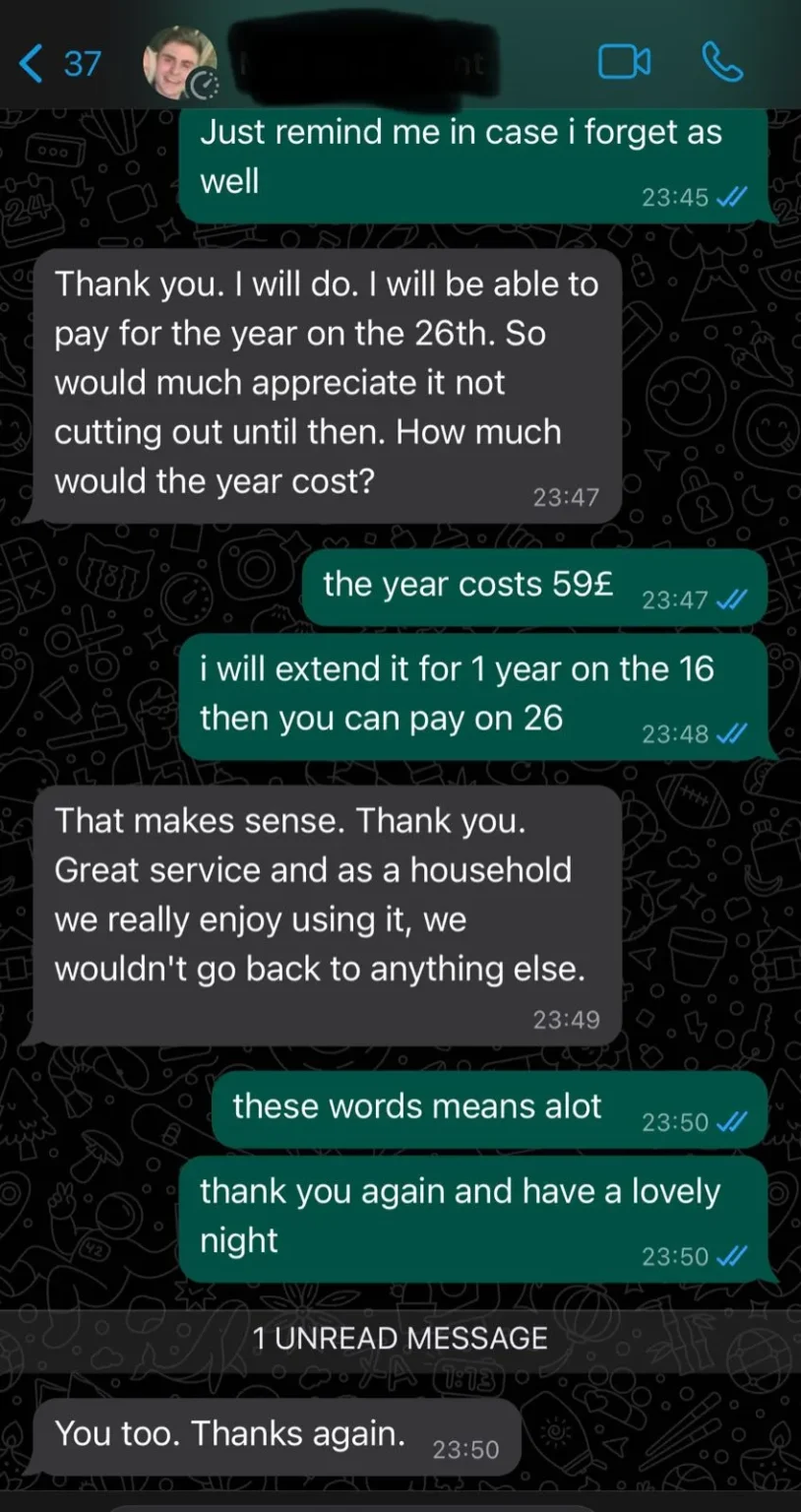 Verified Prime IPTV customer review shared over WhatsApp