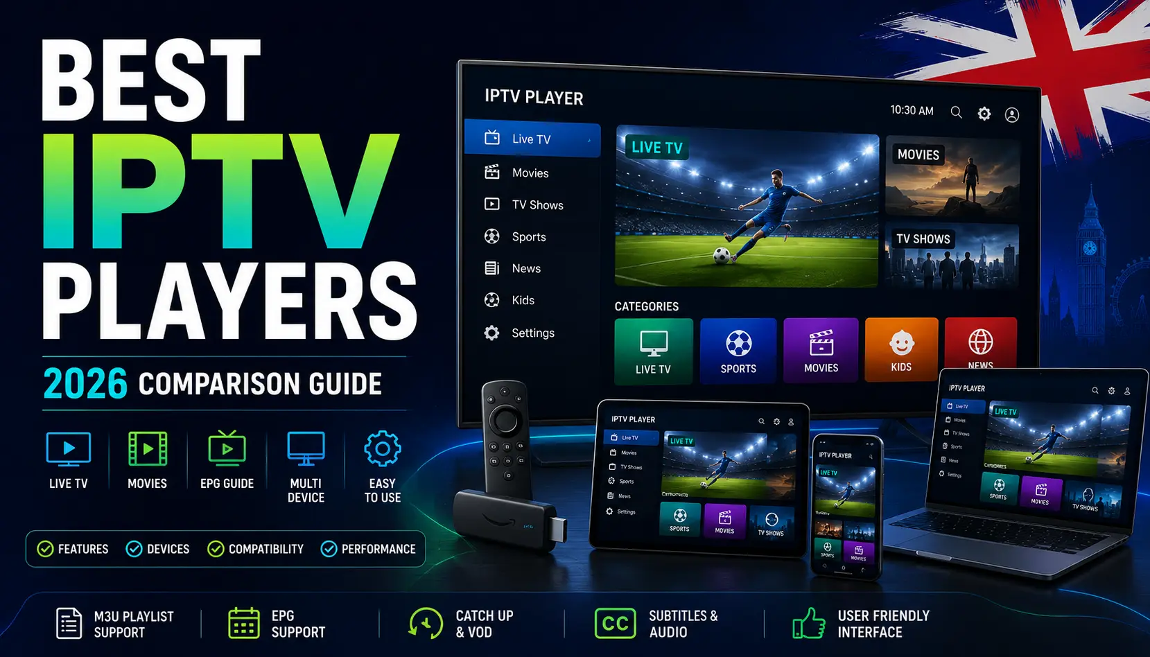 Best IPTV players 2026 comparison guide showing app interfaces across Firestick and Smart TV devices